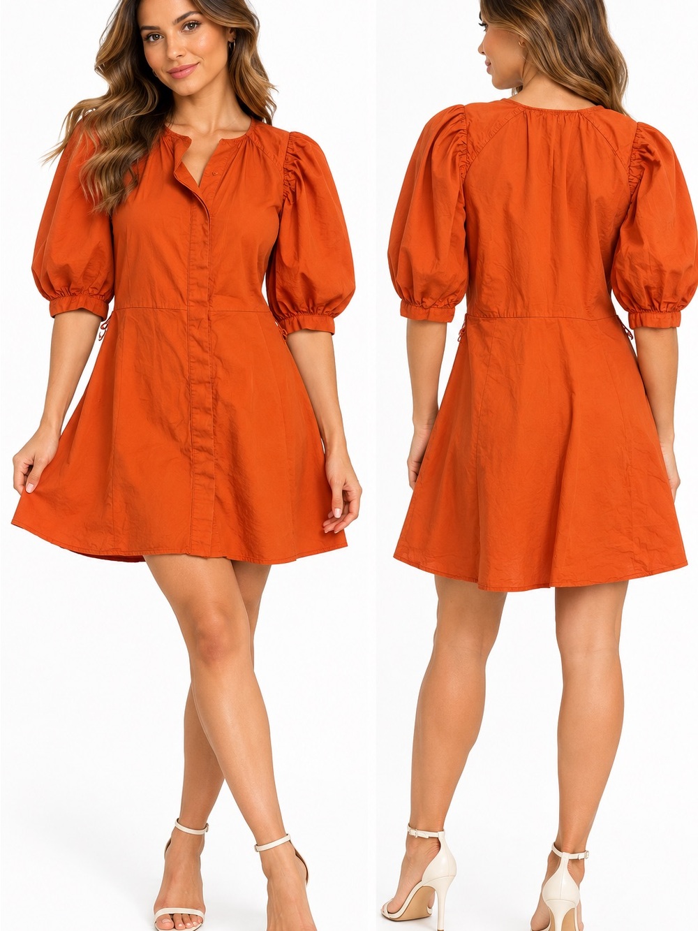 Zara Burnt Orange Puff Sleeve A-Line Mini Dress XS 100% Cotton
